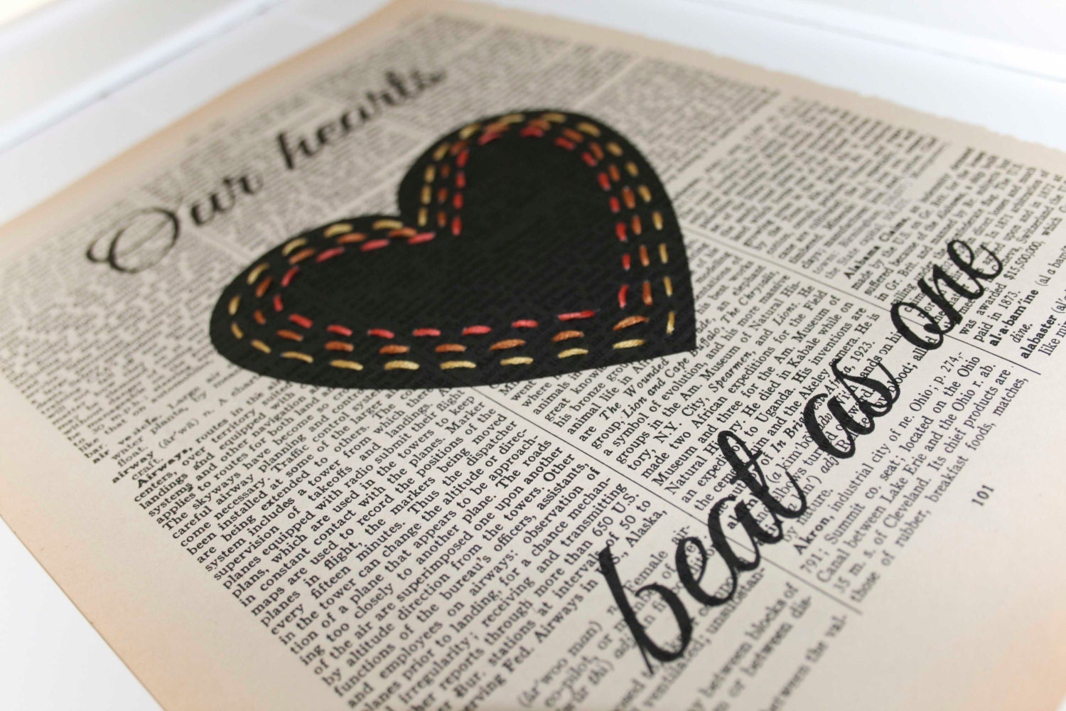 Love Quote Print, Hand Embroidered, Upcycled Dictionary Page Vintage Book, Hand Stitched Art, Autumn colours, Eco Anniversary Wedding Gift