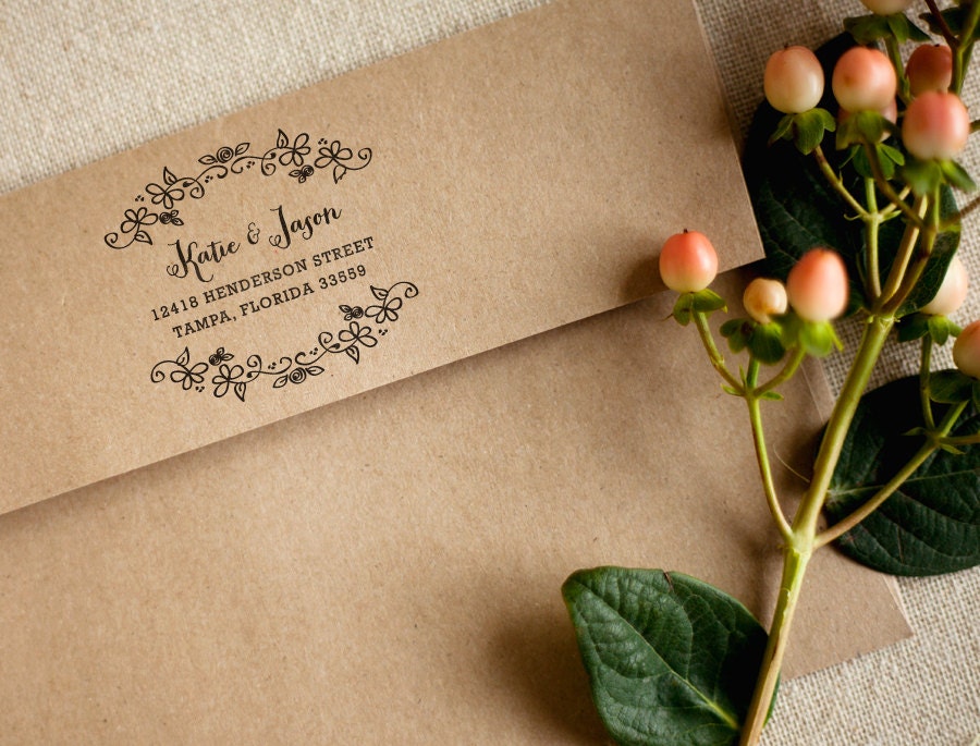 Personalized Return Address Rubber Stamp with Wood Handle - Floral Calligraphy Wreath