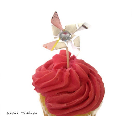 Pinwheel Cupcake Toppers,  Mixed Color Assortment, Bright Spring & Summer Colors, Set of 12, Shabby Chic Pinwheels