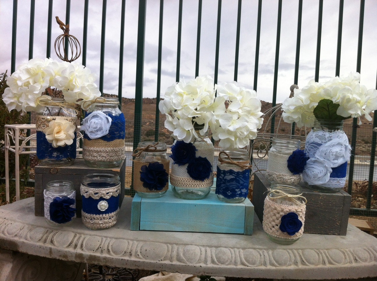 BLUE RUSTIC WEDDING Decor. 10 Bulk Burlap Lace Mason Jars lanterns/vases. Head Table Decor, Wedding Centerpieces Wholesale
