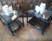 Vintage Faux Bamboo Fret Work Fretwork Rattan Glass End Tables Hollywood Regency Mid Century Modern Side Black Pair of 2