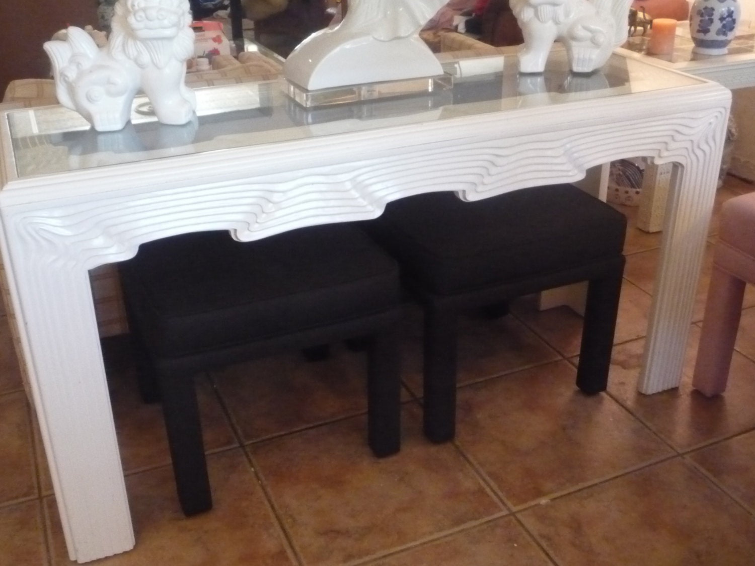 Vintage Pair Hollywood Regency Upholstered Benches Ottomans Footstools Mid Century Modern Black
