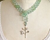 Sterling Silver Angel Necklace Hand Knotted Fluorite and Aqua Chalcedony "out on a limb" french rhinestone turquoise blues and greens