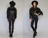 Vtg 80s Black Leather Fringe Western Studded Biker Riding Jacket S