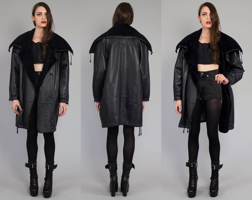 Vtg 80s Navy Shearling Sheepskin Fur Leather Trench Coat Jacket M