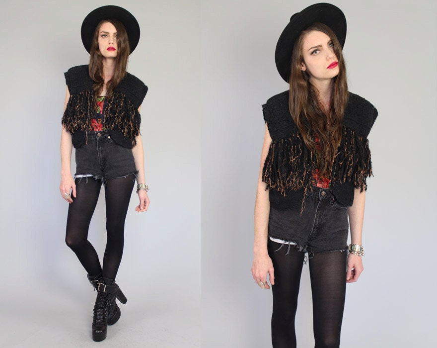 Vtg 90s Black Metallic Silk Mohair Knit Fringe Shaggy Boho Vest OS