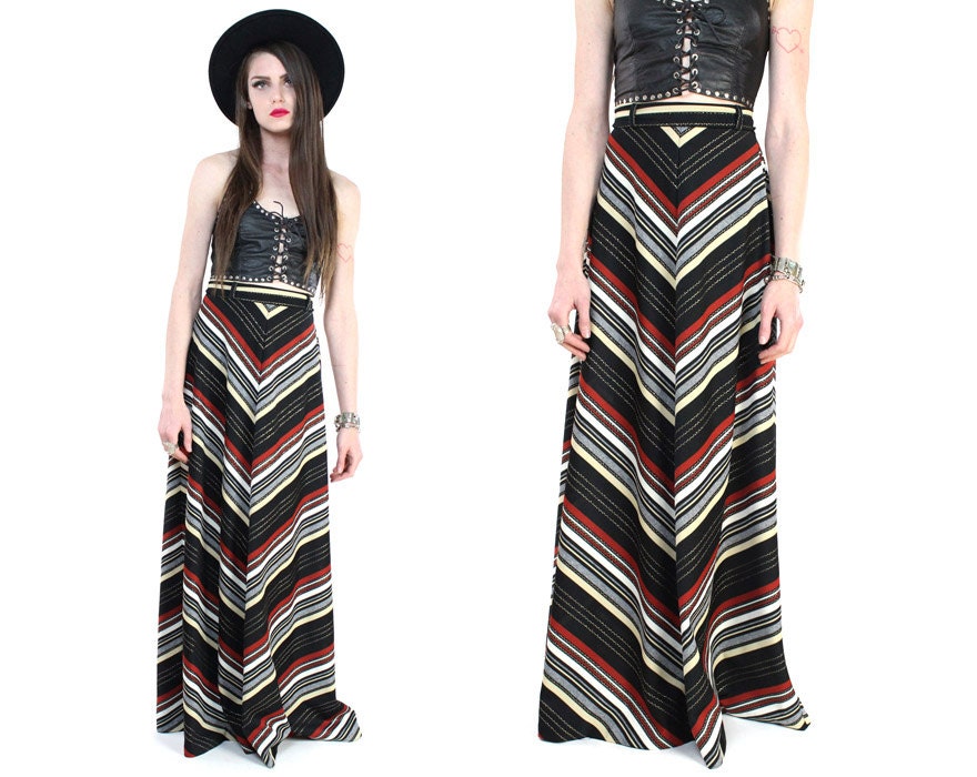 Vintage 70s Black Metallic Chevron Striped Bohemian Maxi Skirt S-M