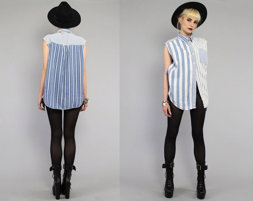 Vtg 90s Denim Grunge Striped Patchwork Button Up Shirt Tunic Top M