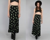 Vintage 90s Black Novelty Leaf Print High Waist Maxi Skirt M