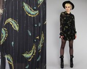 Vtg 80s 90s Black Sheer Feather Novelty Print Tunic Mini Dress S M L