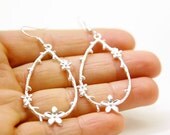 Delicate Flower Branch Dangle Earrings, Matte Silver Plated, Elegant, Everyday, Simple, Minimalist, Birthday, Bridal Wedding Jewelry OOAK