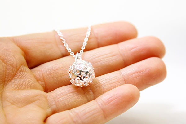 Sterling Silver Plated Filigree Bead Ball Necklace, Personalized, Modern, Minimalist, Simple, Everyday Bridal gift, Custom wedding Jewelry