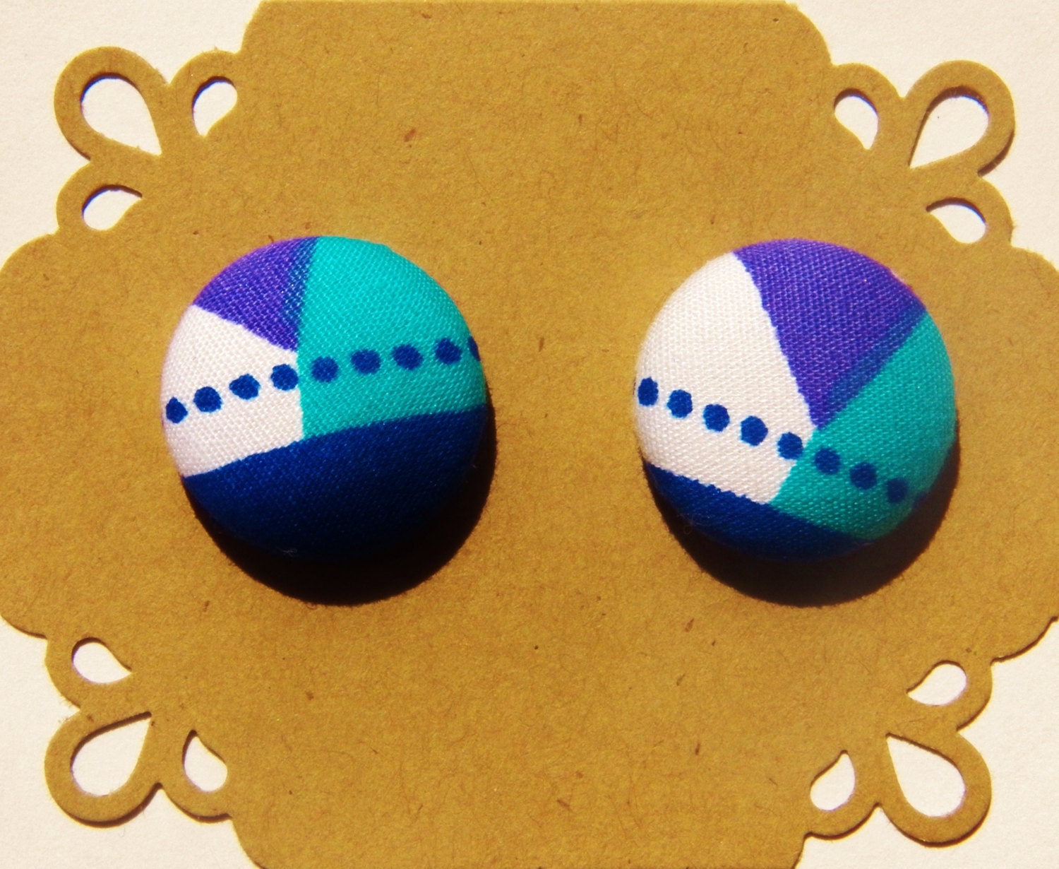 White Purple Teal Abstract Button Earrings - Fabric Button Earrings - Stud Earrings - Button Earrings - Hypoallergenic