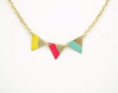 Minimalist Geometric Small Lined Triangles Bunting Necklace - Mint Green, Coral Pink, Yellow Hand Painted Modern Raw Brass Jewelry