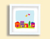 kids room art print, happy town art print, blue sky, colorful poster, nursery room print, children poster, birds