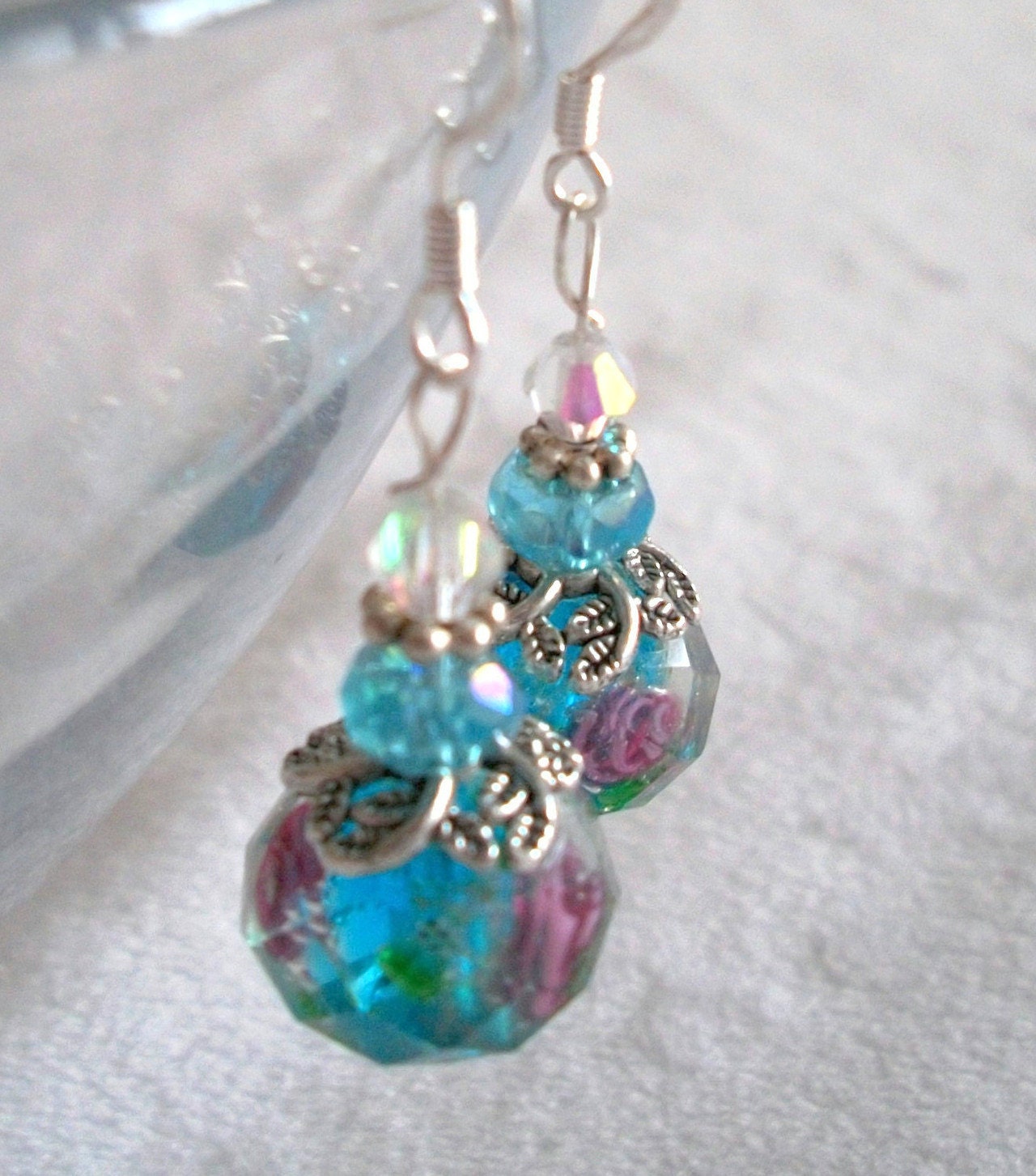 Gorgeous Glass Lampwork Beaded Earrings, Crystal and Sterling, Swarovski
