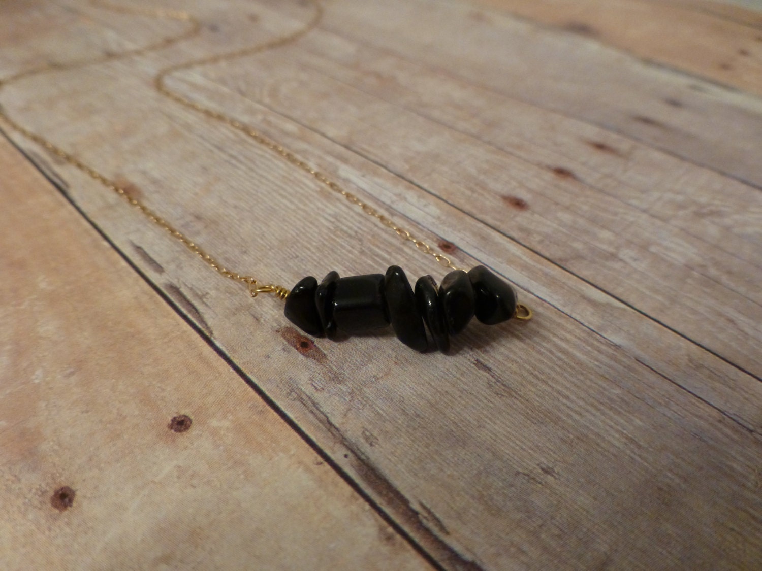 Black Stone Necklace - Simple, Delicate, Dainty, Tiny Gold Bar Necklace