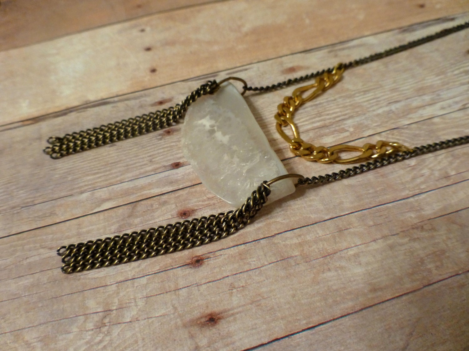 Long Gold White Agate Necklace with Tassels & Vintage Chain
