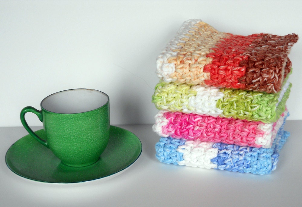 Crocheted Wash Cloth/ Dish Cloth in Stripes, set of 4