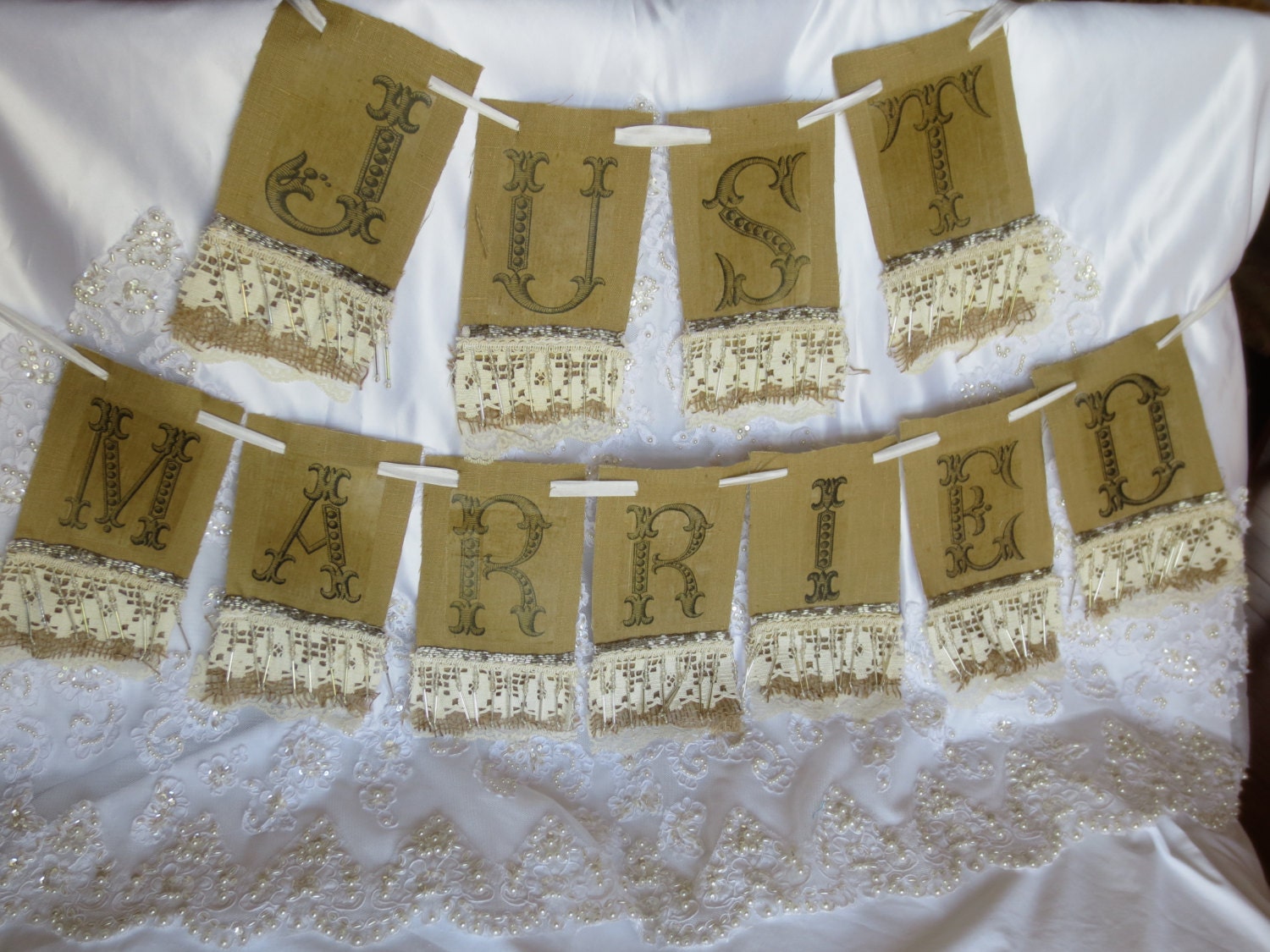 Just Married Banner, Shabby Chic, Rustic Elegance, Burlap and Bling, Vintage Wedding
