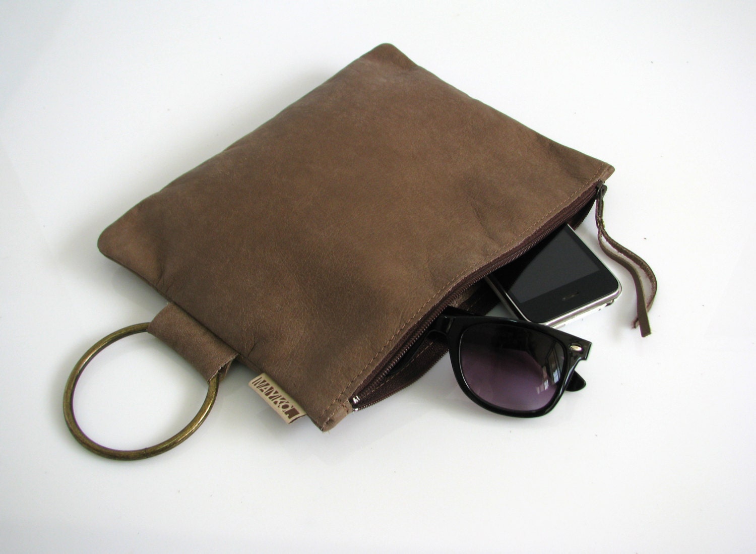 Mother's Day SALE, Light brown Leather Clutch , Wristlet handbag, Evening bag, Zipper bag