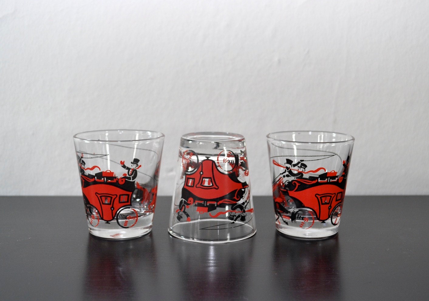 Vintage Set 3 Glasses - Red and Black Stagecoach - Barware Cocktail Glassware
