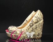 Vintage Luxury Ivory Pearl with Crystal Details 5" Platform Peep Toe Wedges
