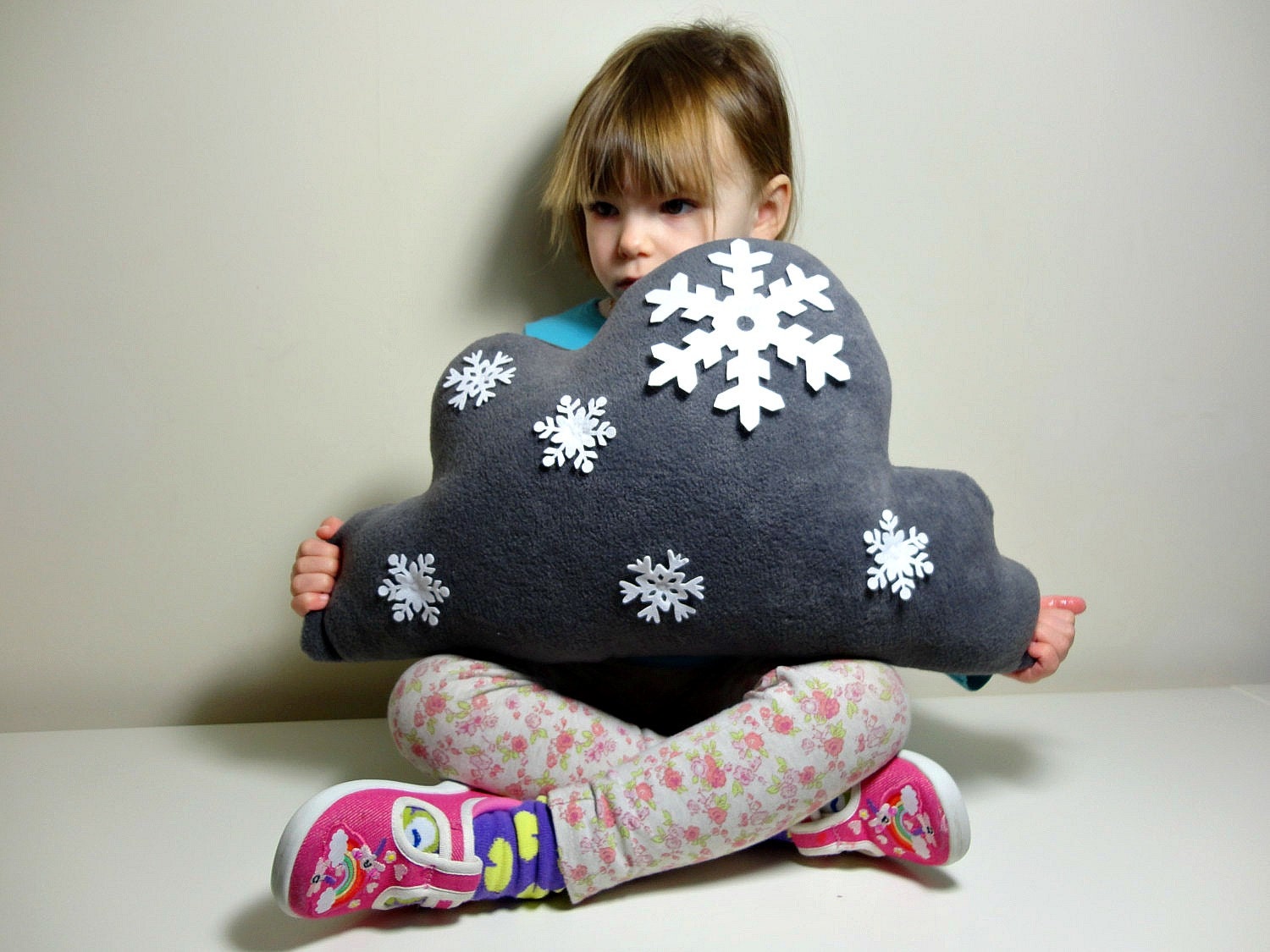 SNOWFLAKES CLOUD PILLOW Cushion - Christmas Cloud - Elephant grey coloured lovely soft fleece - with Bright White Snowflakes Attached