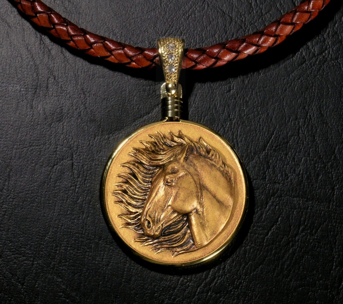 Wild Mustang Original Equine Art Medallion in Antique Gold Finish with 6mm Antique Tan Braided Leather Cord with Gift Box and COA