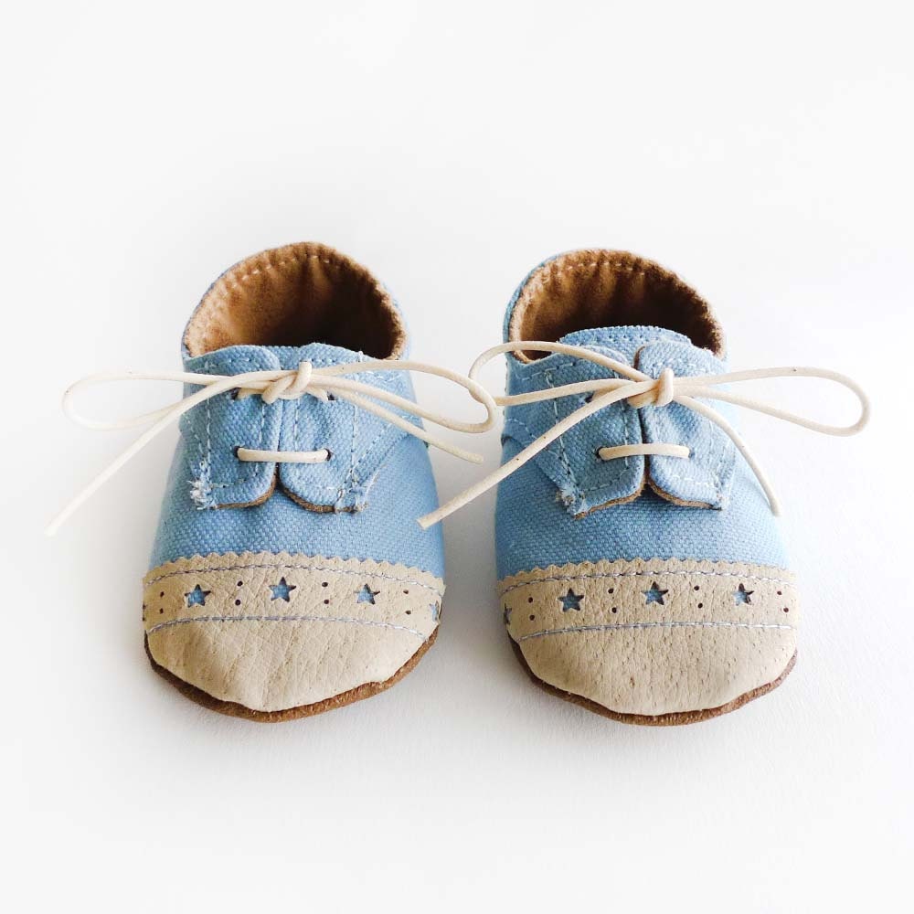 Baby Shoes Boy or Girl- Baby Blue Canvas with Brogued Beige Leather Crib shoes
