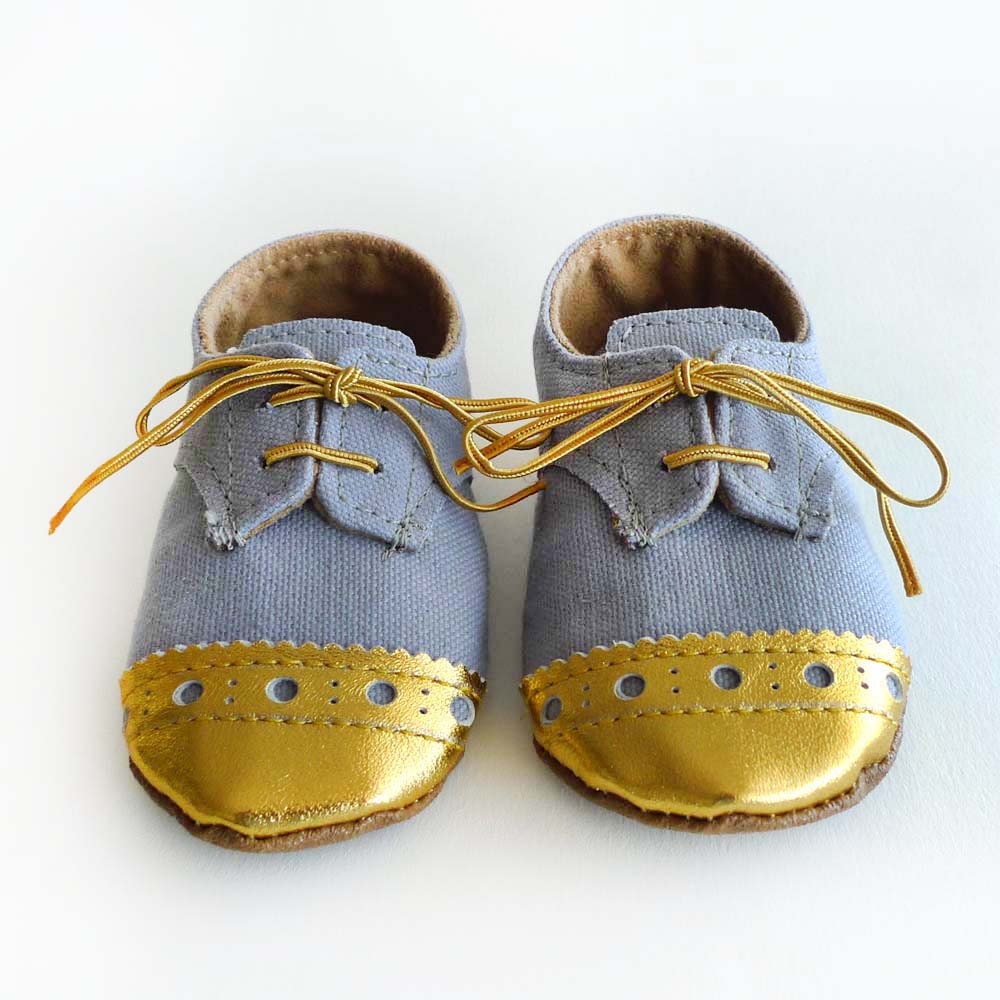 Baby Boy or Girl Shoes - Gray grey Canvas with Brogued Gold Leather Crib shoes