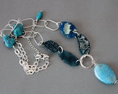 Glass weather neclace with afgan glass and turquoise and chalcedony very long sterling silver - ArtMeGloria