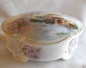 Beautiful Jewellery Trinket box, Purple Flowers and a Waterside Mill  Scene