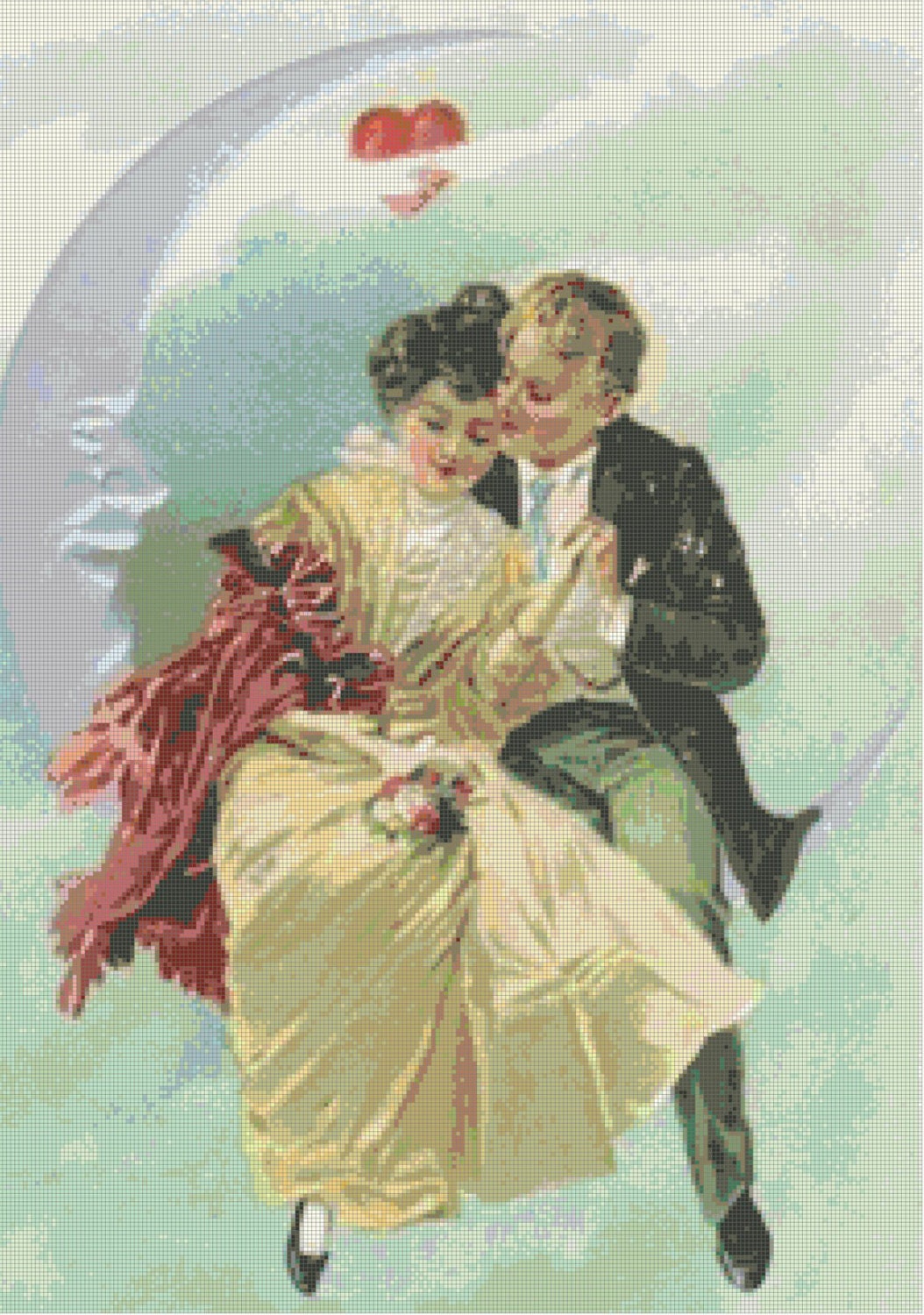 Over the Moon Vintage Valentine Couple Handmade PDF Cross-Stitch Pattern