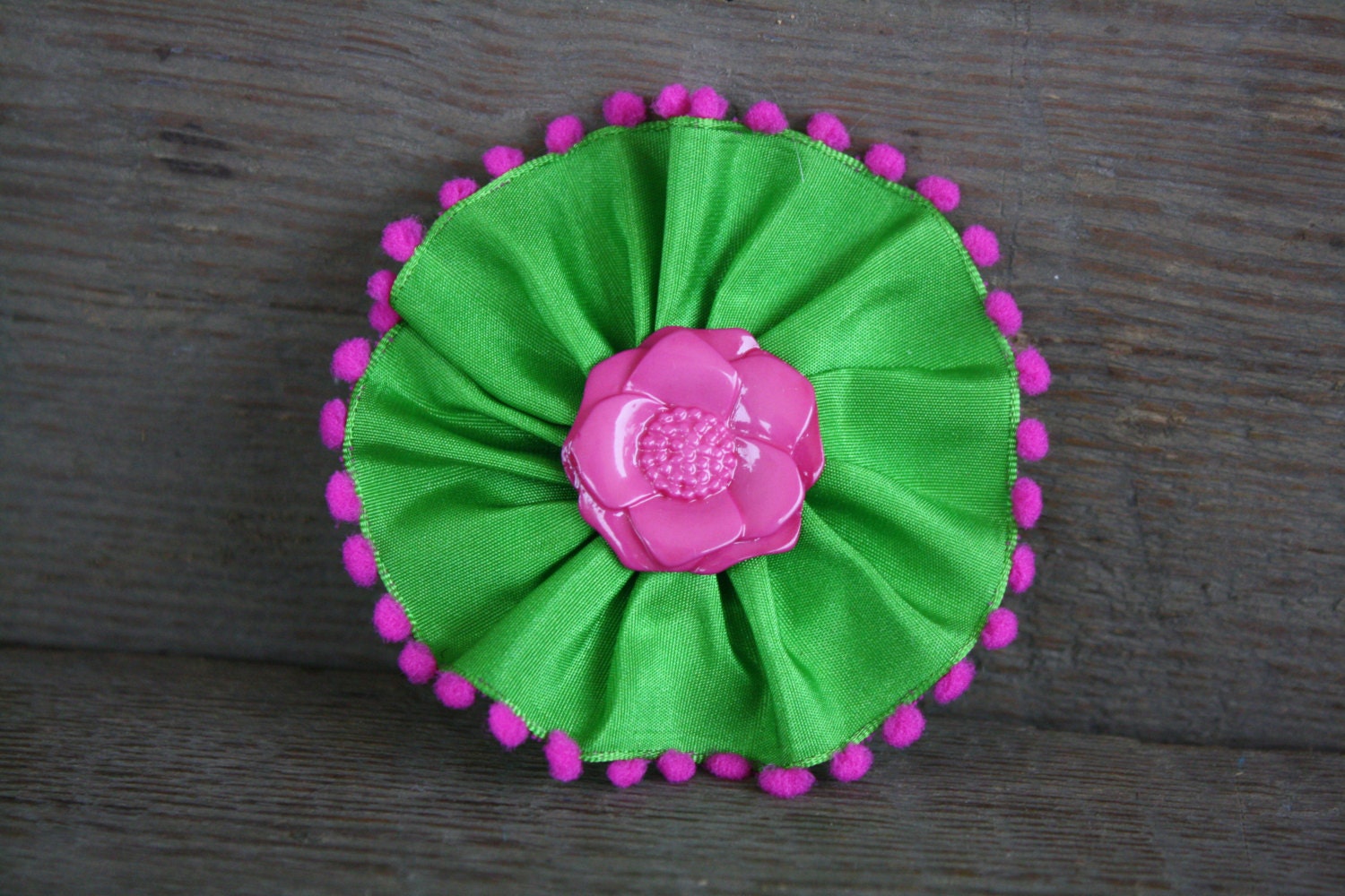Green, Hot Pink hairclip, Grosgrain ribbon, hair accessory, ribbon hair clip,pinwheel flower, childens hair accessory, broach