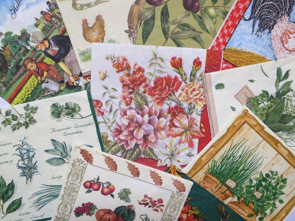 10 Assorted Paper Napkins for Decoupage, Mixed Media, Scrapbooking, Collage, Altered Art, Destash Lot