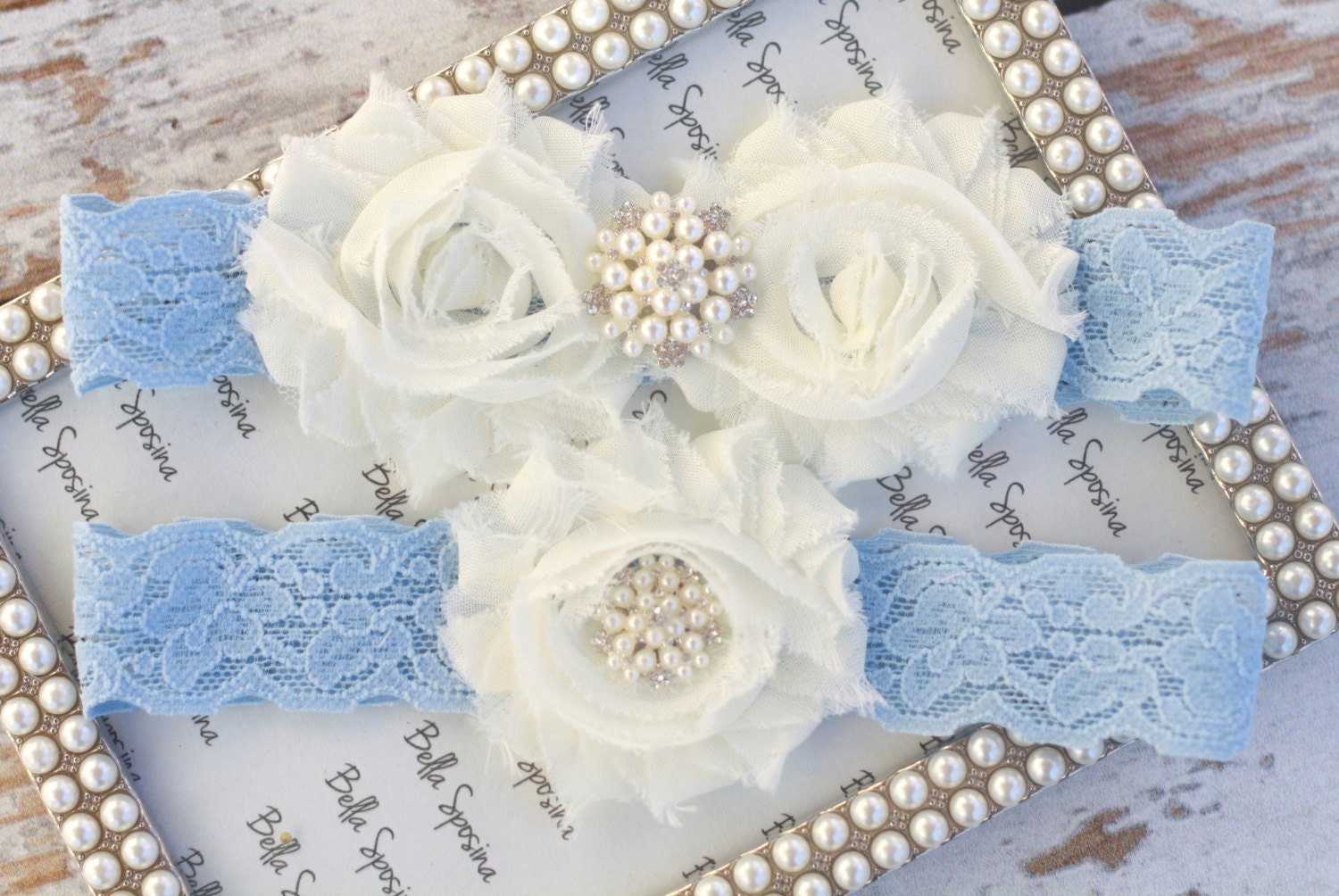 Powder Blue Wedding Garter - Something Blue Ivory Wedding Garter Set - Lace Bridal Garter
