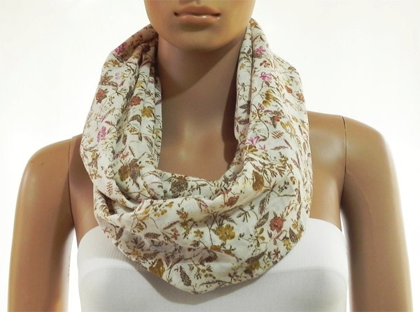 Infinity Scarf. White Floral Scarf. White Scarf. Floral Scarf. Scarf. Tube Scarf. Cowl Scarf. Circular Scarf. Shawl Scarf. Loop Scarf.