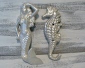 Cast Iron Mermaid and Seahorse Wall & Garden Decor Hooks Metallic Sea Shell Tropical, Beach Cottage Shabby Chic
