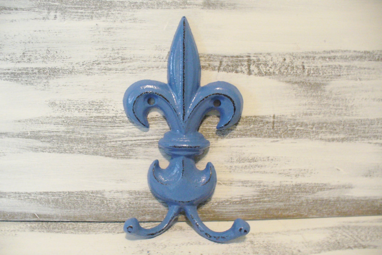 Cast Iron French Blue Fleur De Lis Wall & Furniture Decor Double Hook Shabby Cottage Chic Style