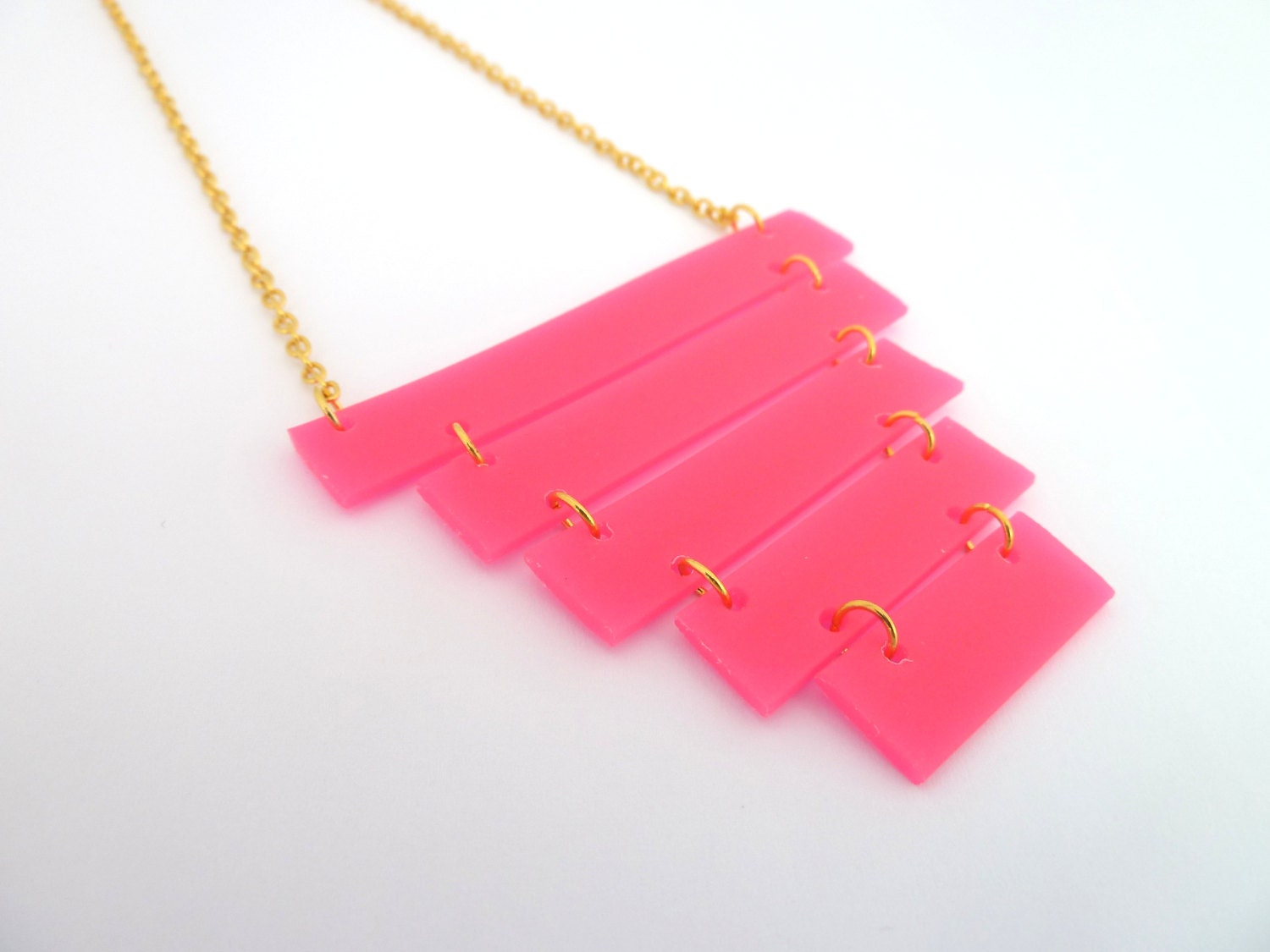 Neon geometric necklace , Neon pink, Minimal necklace, Gold plated chain , Rubber Jewelry , Industrial inspired jewelry