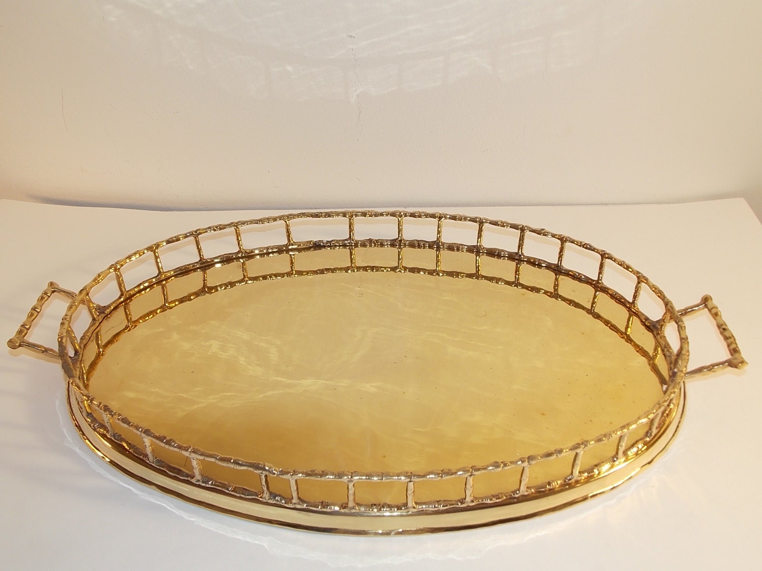 Vintage Large Brass Faux Style Oval Bamboo Tray - vintageindy