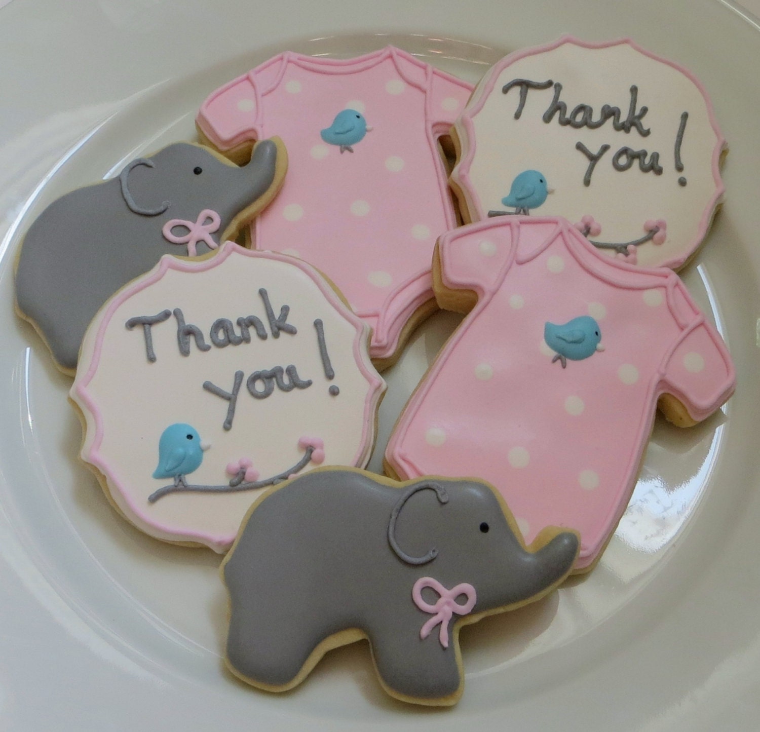 Little birdie decorated cookie favors for a baby shower or baby gender reveal party: onesies, elephants and plaques, 1 dozen