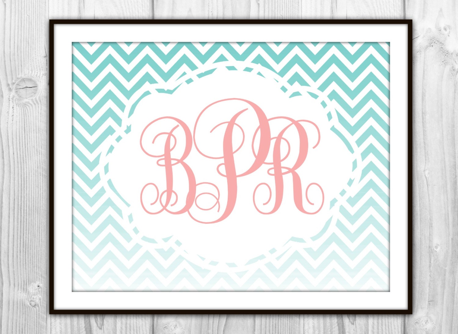 Ombre Chevron Monogram Art Print - Coral Pink & Turquoise - Girl's Nursery, Bedroom, Bathroom - Dorm Room Decor - Graduation Gift
