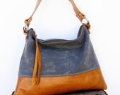 Hobo Sling Handbag in Gray Waxed Canvas and Golden Tan Leather