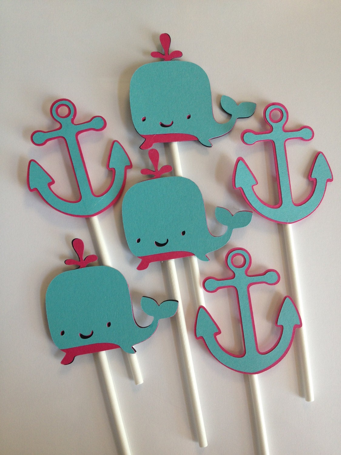 Set Of 12 Anchor and Whale Cupcake Toppers Aqua, Hot Pink,Nautical Bithday,Nautical Baby,Anchors,Helm,Life Preserver