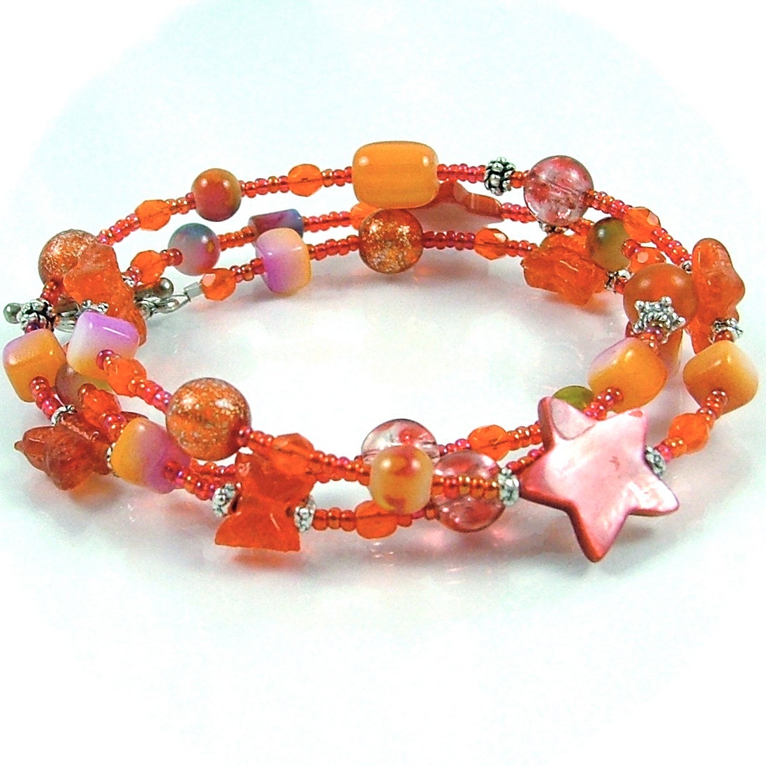 Bright Orange Magenta Triple Wrap Beaded Bracelet or 23" Necklace