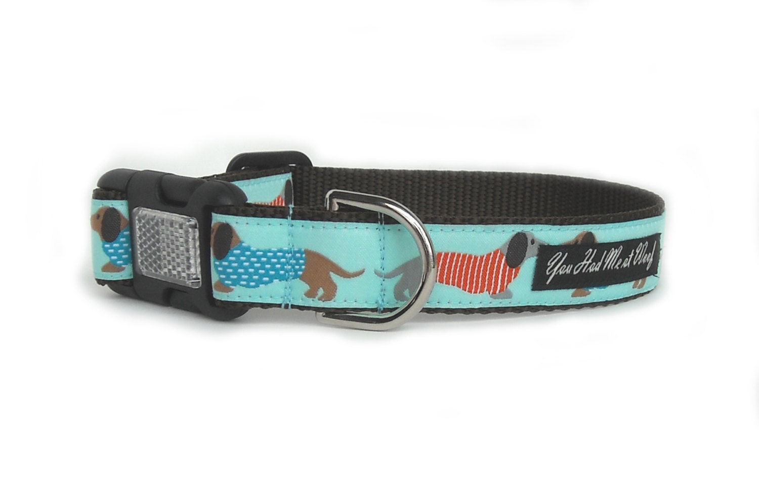 Dachshund Dog Collar in Aqua with Dachshunds by youhadmeatwoof