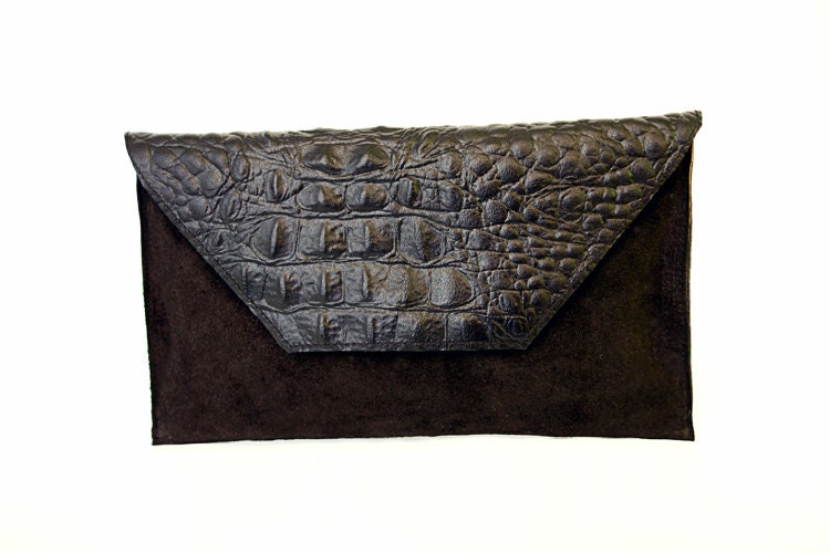 Black suede & Crocodile print leather clutch  envelope clutch bag