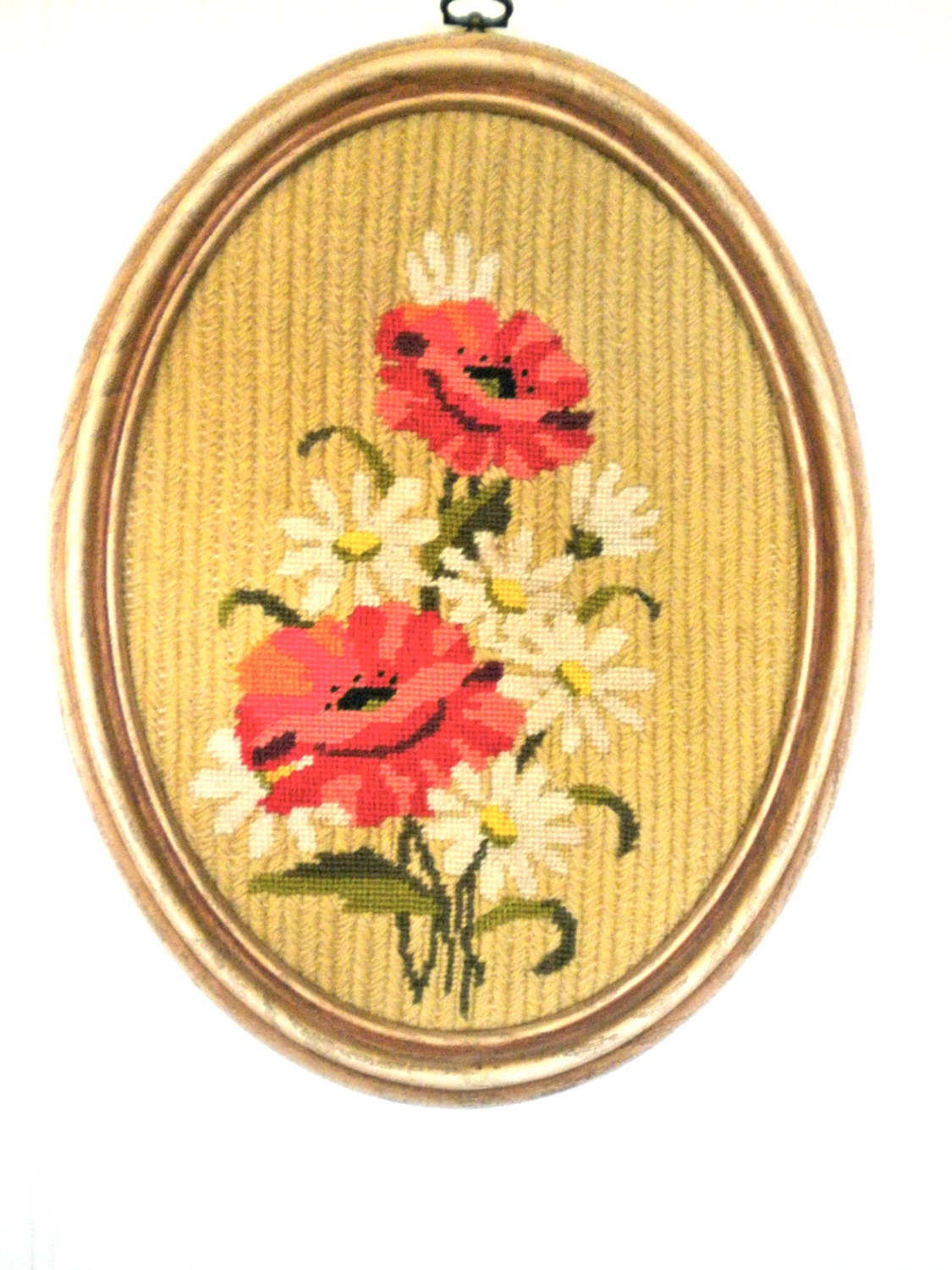 Needlepoint picture Daisy flower yellow  Vintage Wall Hanging Retro Home Decor Boho shabby cottage bohemian granny chic